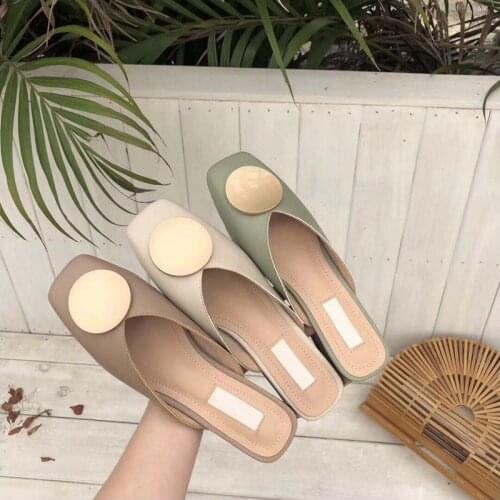 Brand Designer Women Slippers Slip On Mules Flat Heel Casual Shoes British Buckle Slides Wooden Block Heels Summer Footwear35-41