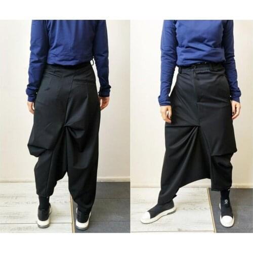 New Women Cotton Original Design High Waist Wide Leg Culottes Big Crotch Harem Pants / Asymmetrical Slacks Trouser / Dark Black