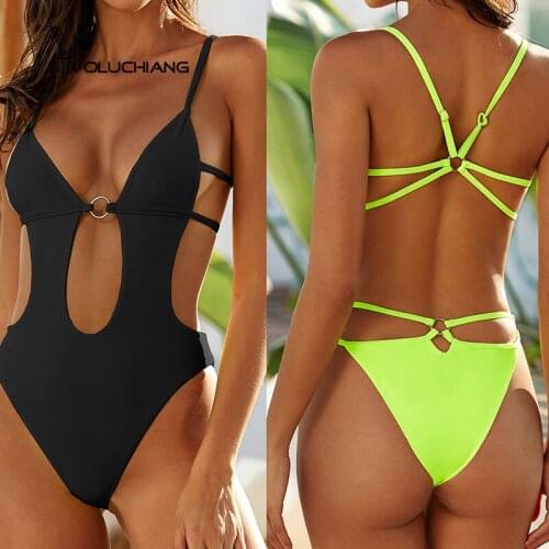 2020 Solid One-Piece Swimsuit Women Backless High Cut Hollow Out Bather Bodysuit Beach Bathing Suit Brazilian Biquini Monokini