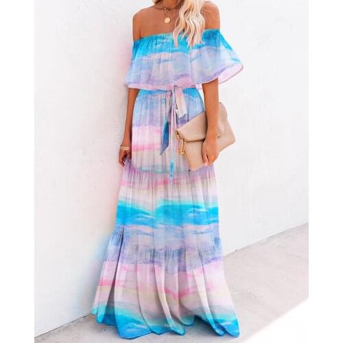 Women Elegant Formal Gown Maxi Dress Female Long Party Dress Off Shoulder Gradient Color Ruffles Maxi Dress Beach