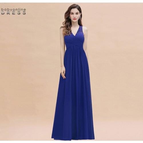 Elegant V Neck Navy BlueLong Evening Dress Chiffon A-Line Tank Evening Party Prom Gowns Formal Women Dress Backless
