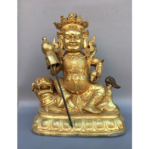 19" Tibet Buddhism Old Bronze Gilt Treasure King Yellow God of Wealth Buddha Ride a unicorn Enshrine the Buddha