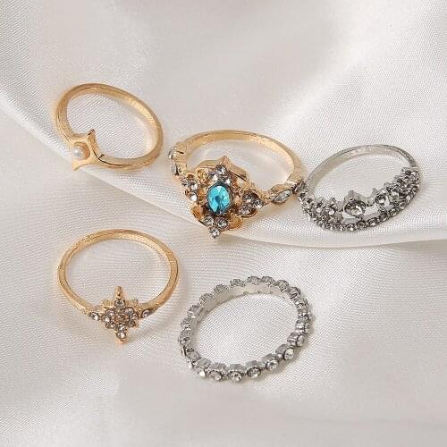 Boho Vintage Gold Silver Two-color Rings Set Bule Stone Pearl Crystal Star Finger Rings 2021 Geometric Womans Jewelry Party Gift