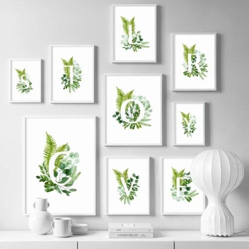 Green Plants Alphabet Quotes Flower Leaf Wall Art Canvas Painting Nordic Posters And Prints Wall Pictures For Living Room Decor
