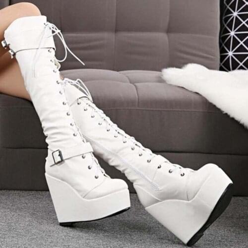 RIBETRINI Fashion Ladies Wegdes Platform Buckle Mid Calf Boots Thick Bottom Lace Up Street Boots Women Cool Winter Shoes Woman