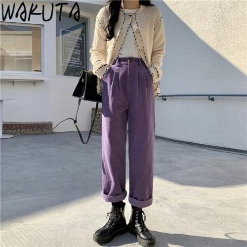 WAKIUTA 2021 Japanese Fashion Vintage Corduroy Pants Women Purple Black Autumn Winter High Waist Zipper Loose Wide Leg Trouser