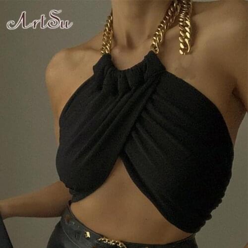 ArtSu Summer Fashion Chic Halter Chain Crop Tops For Women Backless Cropped Feminino Black Wrap Top 2021 Streetwear VE52580