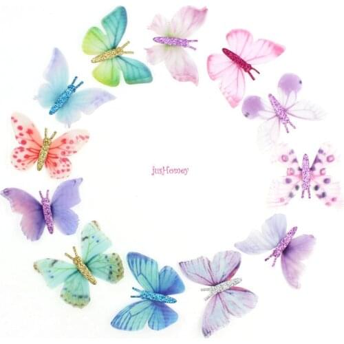 100PCS Gradient Glitter Organza Fabric Butterfly Appliques 5cm Translucent Chiffon Butterfly for Party Decor, Doll Embellishment