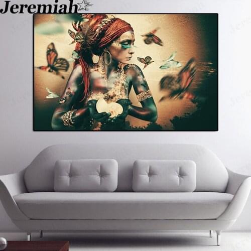 Abstract Woman Canvas Painting Ethnic Style Portrait Butterfly Poster Modern Living Room Bedroom Decoration Accessories
