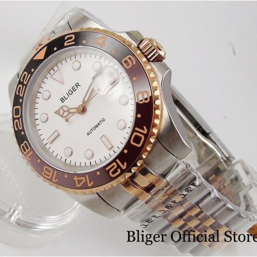 BLIGER Rose Gold 40mm Mechanical Men Watch Sapphire Glass Jubilee Bracelet Screw Crown Rotating Bezel