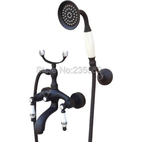 Black Oil Rubbed Wall Mounted Bathroom Shower Bathtub Faucet Set Dual Ceramic Handle Mixer Tap + Handheld Spray Shower ltf572