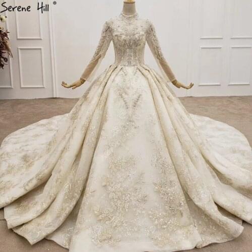 High-end Luxury Champagne Long Sleeve Wedding Dresses 2021 Diamond Sequins Sparkle Bridal Dress HX0168 Custom Made