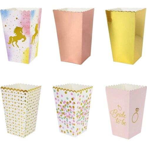 6/12pcs Popcorn Boxes Gold Silver Paper Box Candy Package Print Unicorn Dot Star Birthday Party Gift Bags Kids Snack Containers