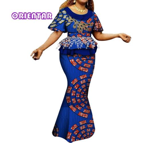 Fashion African Skirts Set Women African Print Clothing Applique Tops and Long Skirts Women Suits Set African Outfits WY6402