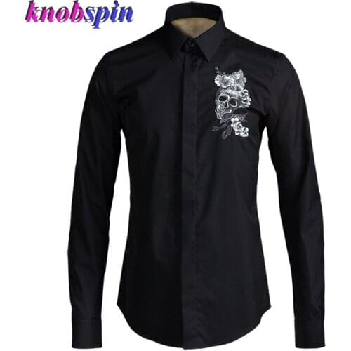Skull Flower Embroidery Men Shirt 2019 Classic Fashion Business male Dress Shirts Slim Casual full sleeve Solid color Camisas