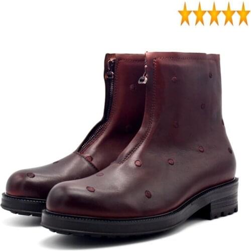 Style Zipper Thick Platform England Round Toe Cowboy Men Winter Fashion Embroidery Genuine Leather Ankle Boots Wine Red