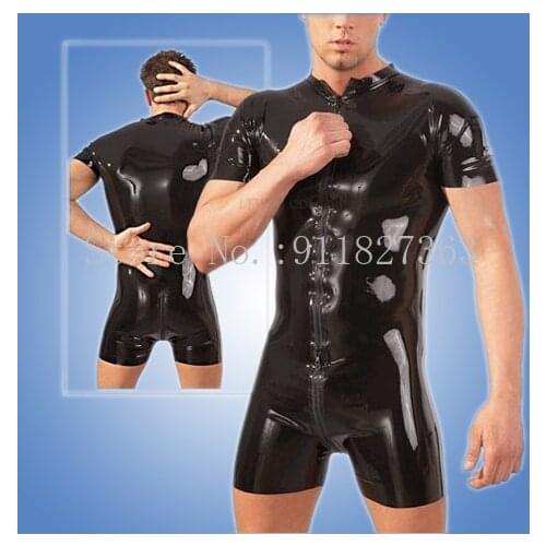 Men short sleeve latex bodysuit with front crotch zipper fetish exotic latex jumpsuit