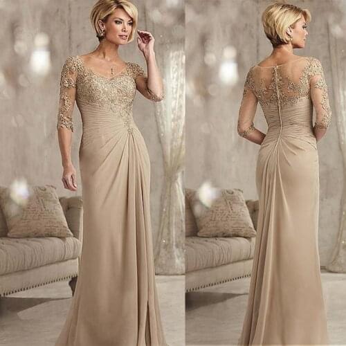 Lace Champagne Mother of The Bride Dresses Plus Size Chiffon Half Sleeves Groom Godmother Evening Dress For Wedding