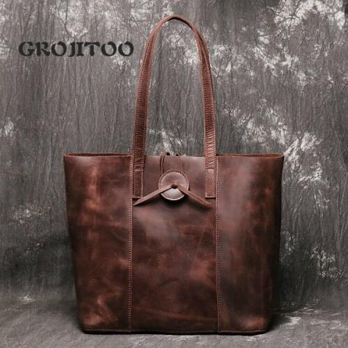 GROJITOO New womens leather shopping bag crazy horse skin hand-held female steamed stuffed bun mother bag large capacity bag