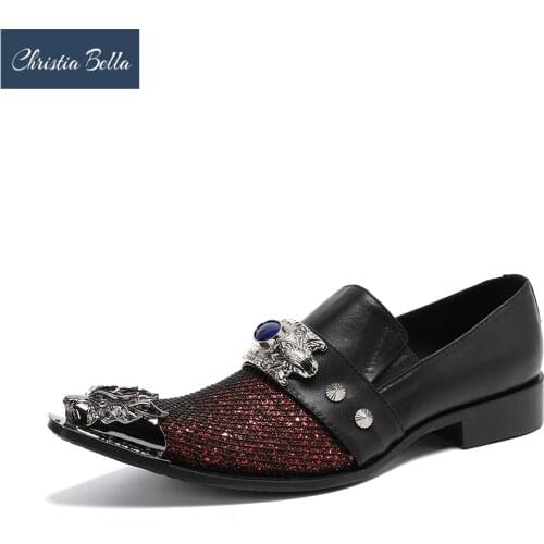 Christia Bella New Men Genuine Leather Shoes Metal Pointed Toe Rivets Party Formal Shoes Business Office Leather Shoes Footwear