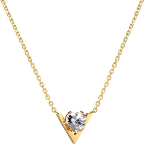 New Arrival Beautiful Woman Necklace V Model Mosaic Shiny Crystal Pendant Necklace Titanium Steel Gold color Jewelry For Women