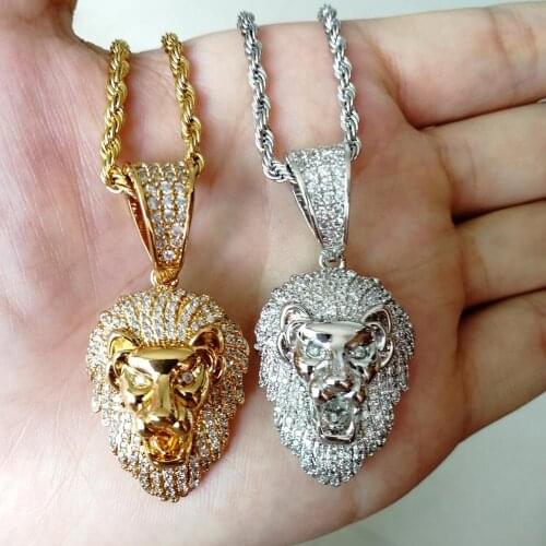 Hip Hop Micro Paved AAA Cubic Zirconia Bling Ice Out Male Lion Pendants Necklace for Men Rapper Jewelry Gold Color