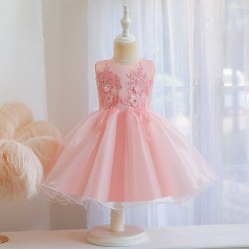 Girls Dresses Appliqued Flowers Girls Dress Children Costume Clothes Kids Mesh Ball Gown Dress Sleevelss Wedding Dress New 2021