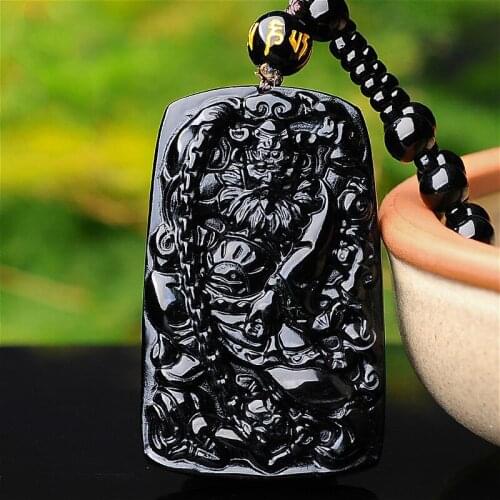 Zhongkui Natural Black Obsidian Jade Pendant Necklace Chinese Hand-Carved Fine Charm Jewelry Amulet Accessories for Men Women