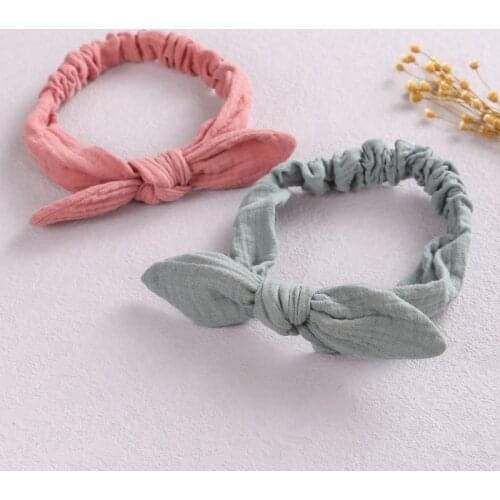 Top Knot Double Gauze Baby Headband Cotton Bunny Ear Elastic Hair Bows Baptism Newborn Hairband