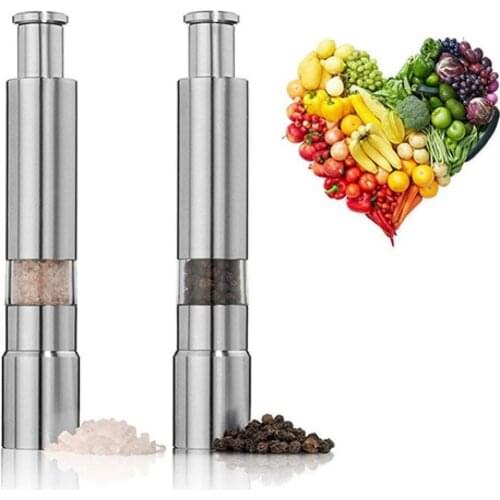 Kitchen Steel Manual Salt and Pepper Set Thumb Push Pepper Mill Stainless Steel Spice Sauce With Metal for Holder Kitchen Tool