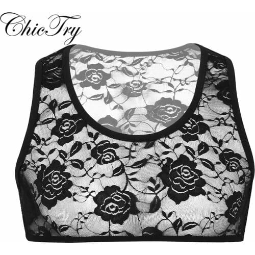 Sexy Mens Sissy See Through Sheer Lingerie Deep U Neck Sleeveless Stretchy Floral Lace Short Vest Crop Tops Nightwear Sleepwear