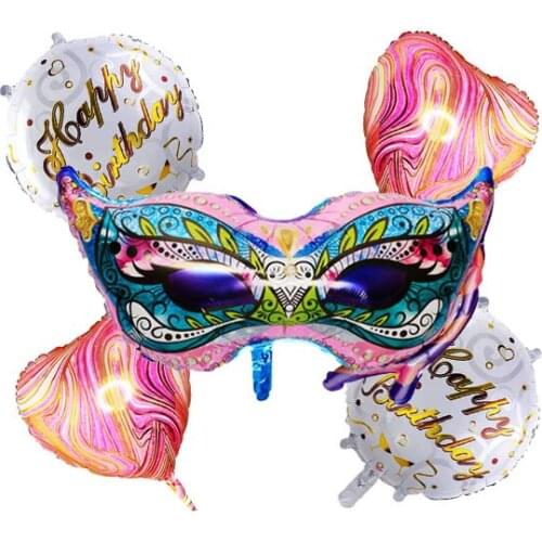 5 Pcs Set Mask Balloons 2 PCS 18 Inch Agate Heart 2 PCS 18 Inch Birthday Round Balloon Boy Girl Decoration Supplies Foil Balloon