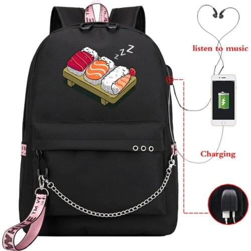 Student Backpacks Sushi Printed Girls School Backpack for Teenage Girl USB School Bag Canvas Middle Junior High College Bagpack