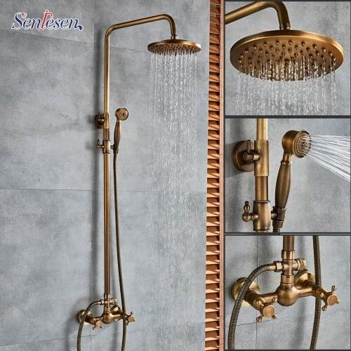 Senlesen Antique Brass Shower Faucet 8" Rainfall Brass Shower Head Tub Faucet Para Bathroom Shower