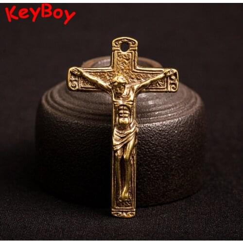 Vintage Pure Copper Jesus Cross Pendant for Keychain Necklace Handmade Brass Car Key Chain Hanging Jewelry Women Bag Decoration
