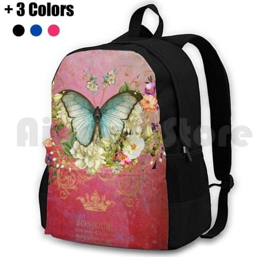 Blue Raspberry Outdoor Hiking Backpack Waterproof Camping Travel Vintage Ephemera Photoshop Skeleton Key Shabby Chic Raspberry