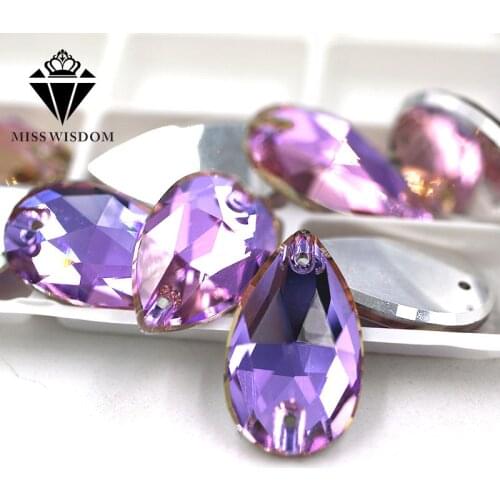 High quality flatback glass double hole crystal sew on rhinestones Teardrop Bright purple Flat buckle diy clothing accessories