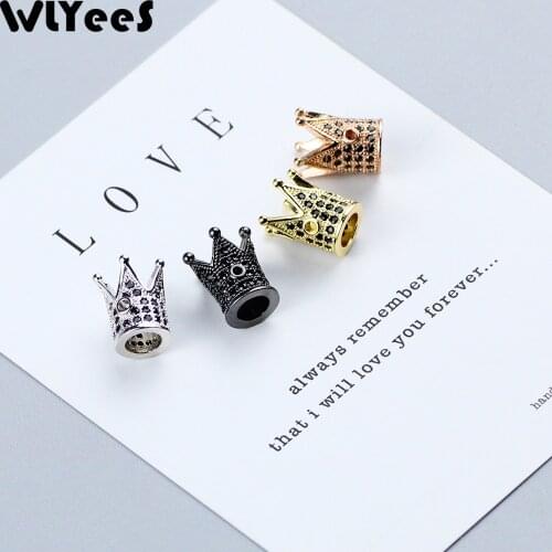 WLYeeS 4pcs Black Zircon Crown Cap Charm Copper beads 12*8mm Pave CZ Metal Spacer Loose bead Jewelry bracelet making DIY Finding
