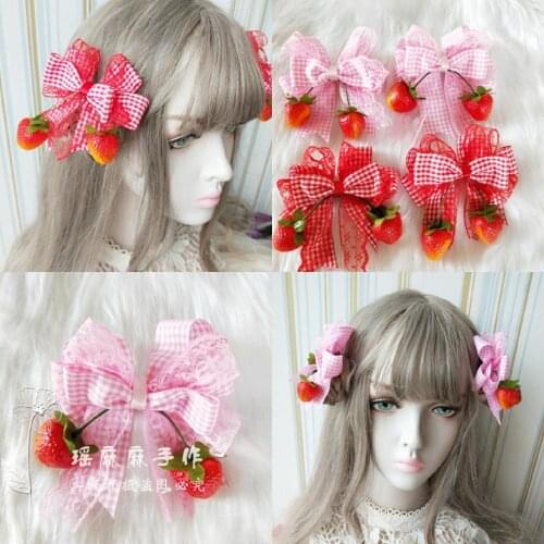Mori Girl Cute Red Plaid Bow Strawberry Side Clip Japanese Kawaii Princess Hair Ornaments Sweet lolita Soft Girl Hairpin Cosplay