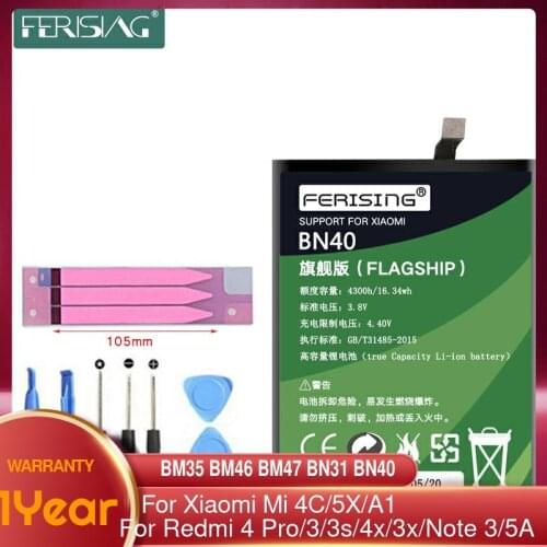 FERISING OEM BM35 BM46 BM47 BN31 BN40 Battery For Xiaomi Mi 4C 5X A1/Redmi 4 Pro 3 3s 4x 3x Note 5A Replacement Phone Batteries
