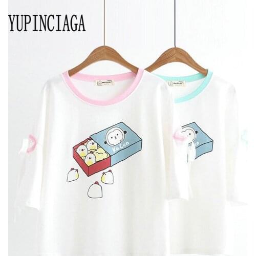 YUPINCIAGA Women Cartoon Animal Print Cotton T Shirts Lace Up Patchwork Sweet T Shirt 2020 Spring Short Sleeve O-Neck Tops Tees