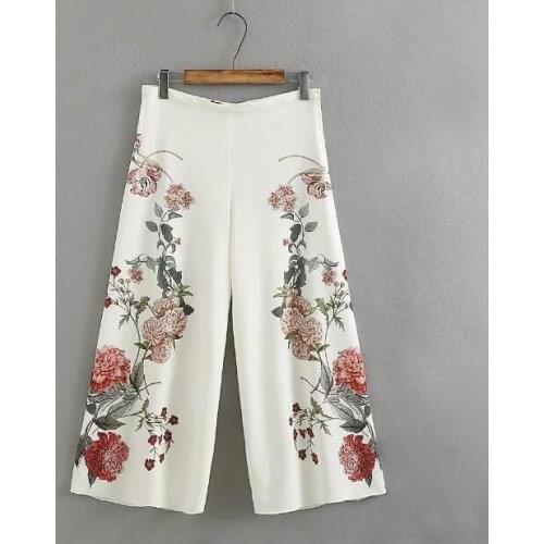 Womens Spring summer European Fashion flower print white Long Pants Female zipper wide leg pants Trousers TB759