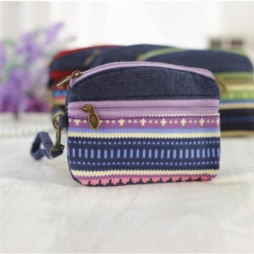 Women Ethnic Cotton Fabric Coin Purse Clutch Key Card Holder Children Kids Wallet Double Zipper Coin Purses Porte Monnaie Femme