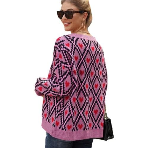 Heart Print Ladies Knitted Cardigan Female Casual Single Breasted Jumper Autumn Winter V-Neck Oversized Women Sweater Tops