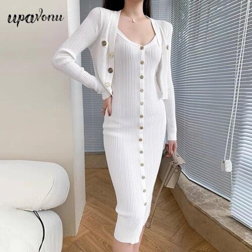 Free Shipping Casual Womens Knit Dress Set Sling Sleeveless Single-breasted Long Dress & Long Knit Cardigan Two-piece Jacket