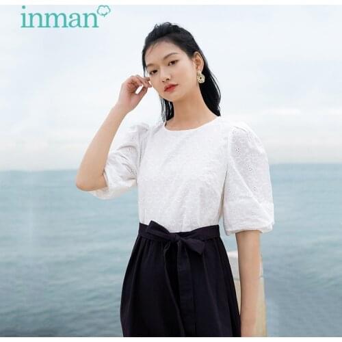 INMAN Womens Elegant Dress Cotton Casual Daily Style Jacquard Fluffy Cuffs Elastic Waist Belt Round Collar Short Sleeve A-Line