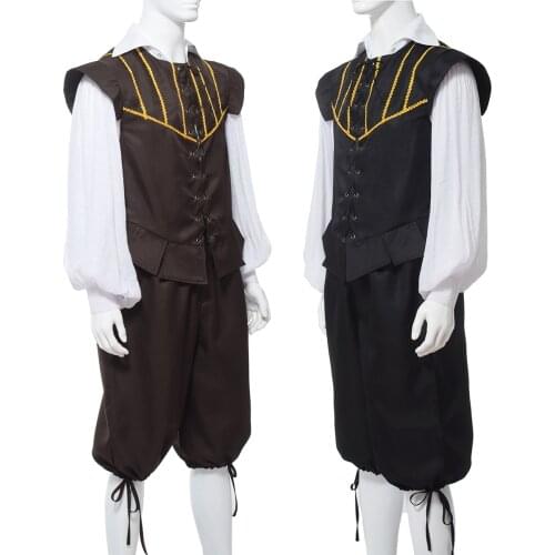 3pcs/set Adult Mens Renaissance Costume Vintage Poet Shirt Vest Breeches for Madrigal Dinner/Party/Halloween