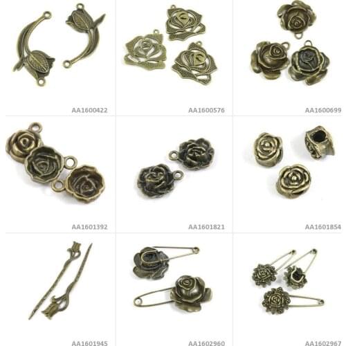 Antique Bronze Tone Jewelry Making Charms Rose Safety Pins Brooch Flower Hairpin Hair Stick Loose Beads Flat Connector Bracelet
