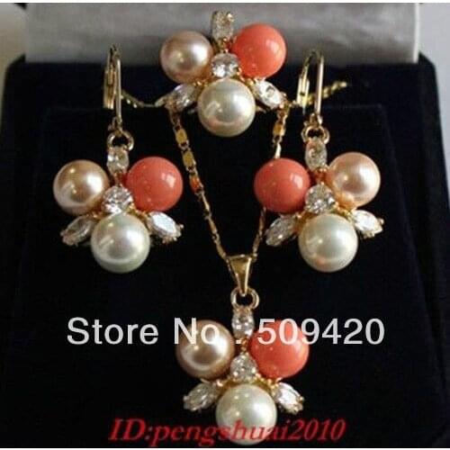 Free Shipping>>>Charming White Pink Pearl Coral new Gold Crystal necklace earring ring set