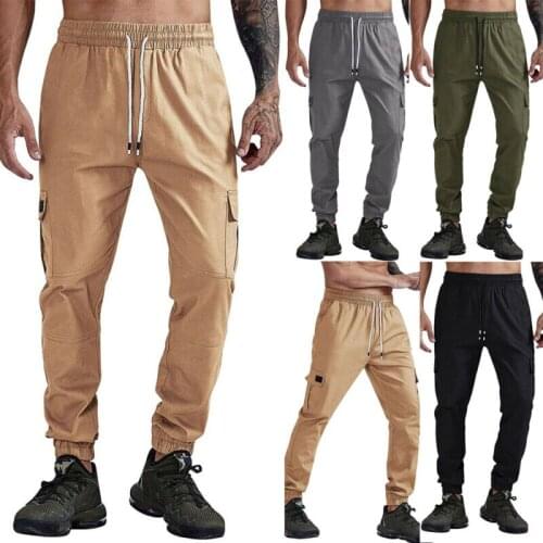New Men Running Pants Cargo Track Pants Joggers Combat Jogging Trousers Bottoms Sweatpants Solid Pocket Elastic String 2020